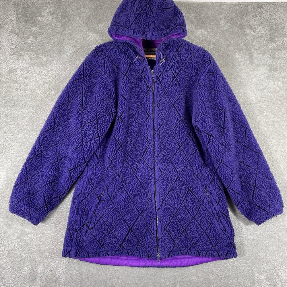 Vintage LL Bean Fleece Jacket Womens Medium Purple Diamond Quilt Hooded Coat